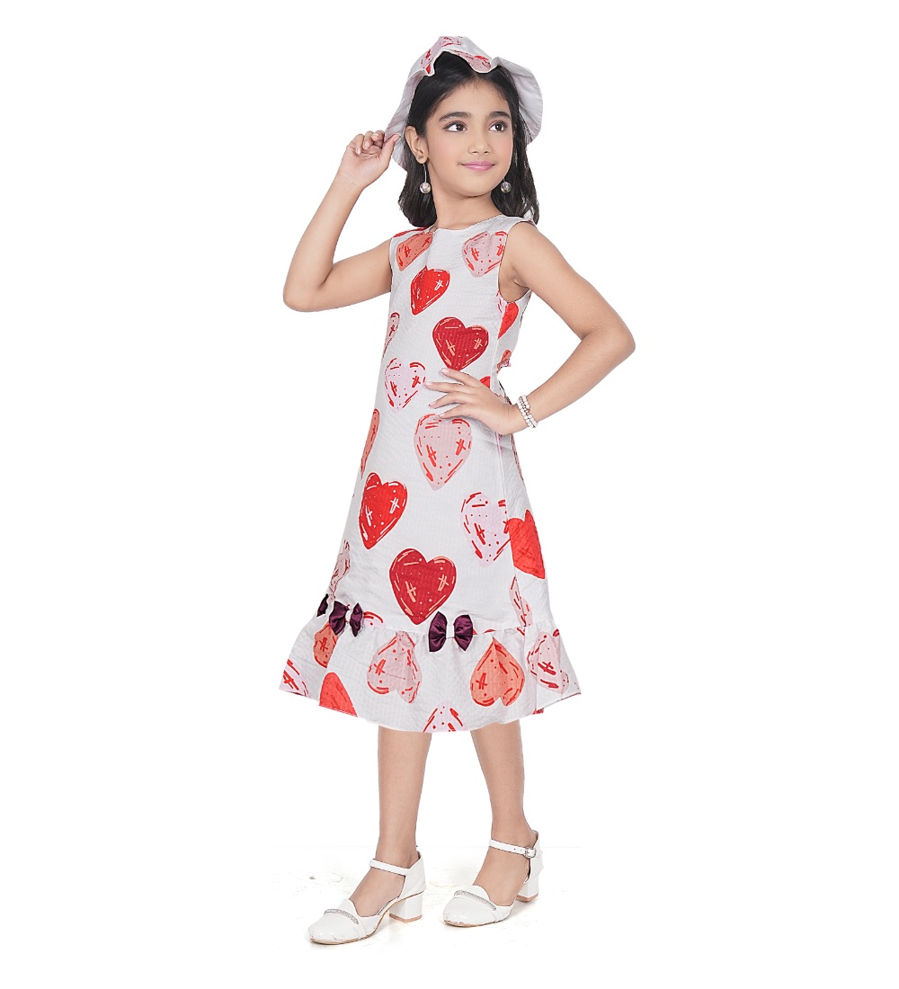 Girl's Popcorn Printed Sleeve Less Round Neck Dress (Red)