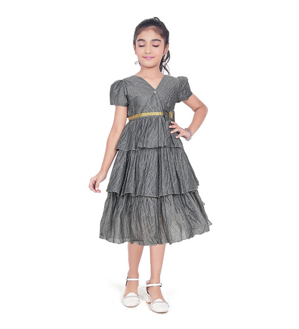 Girl's Artificial Silk Striped Short Sleeve V Neck Dress (Grey)