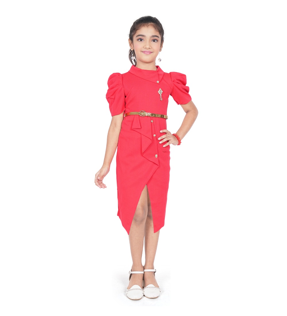 Girl's Cotton Lycra Soild Short Sleeve Close Neck Dress (Pink)