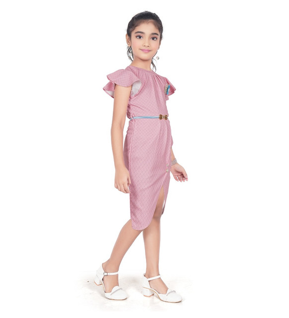 Girl's Knitted Striped Short Sleeve Close Neck Dress (Pink)