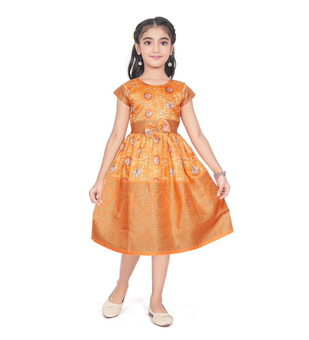 Girl's Brocket Silk Printed Short Sleeve Round Neck Dress (Orange)