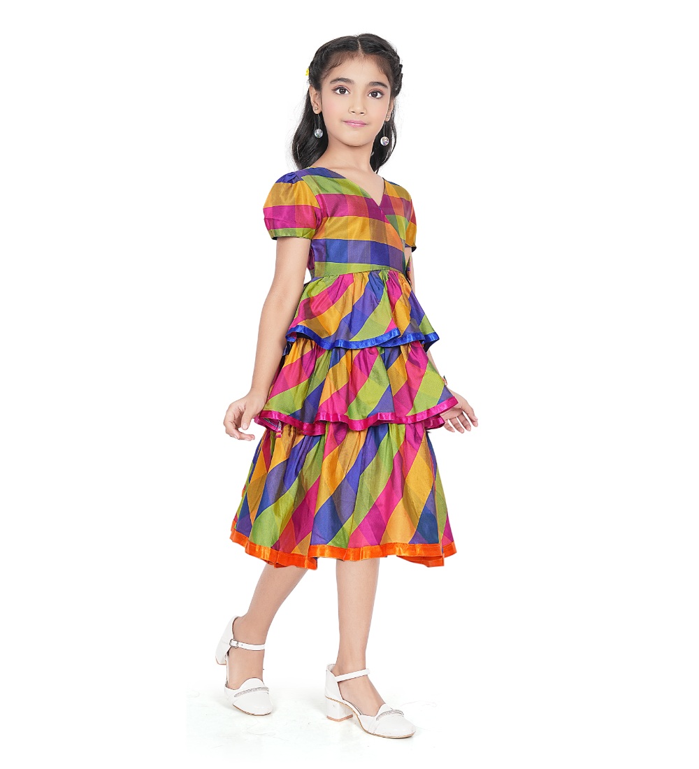 Girl's Taffeta Silk Striped Short Sleeve V Neck Dress (Multicolor)