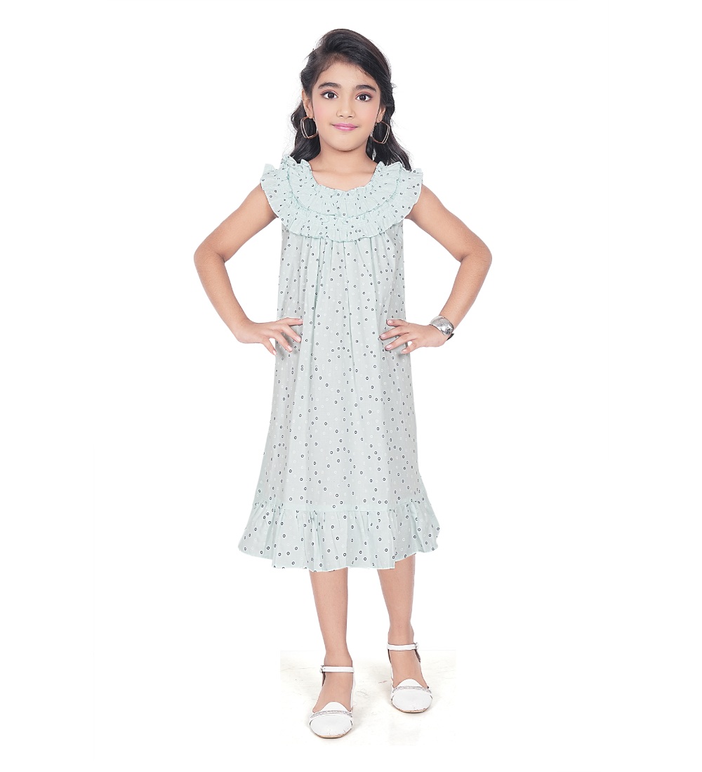 Girl's Heavy Pc Printed Sleeve Less Round Neck Dress (Light Blue)