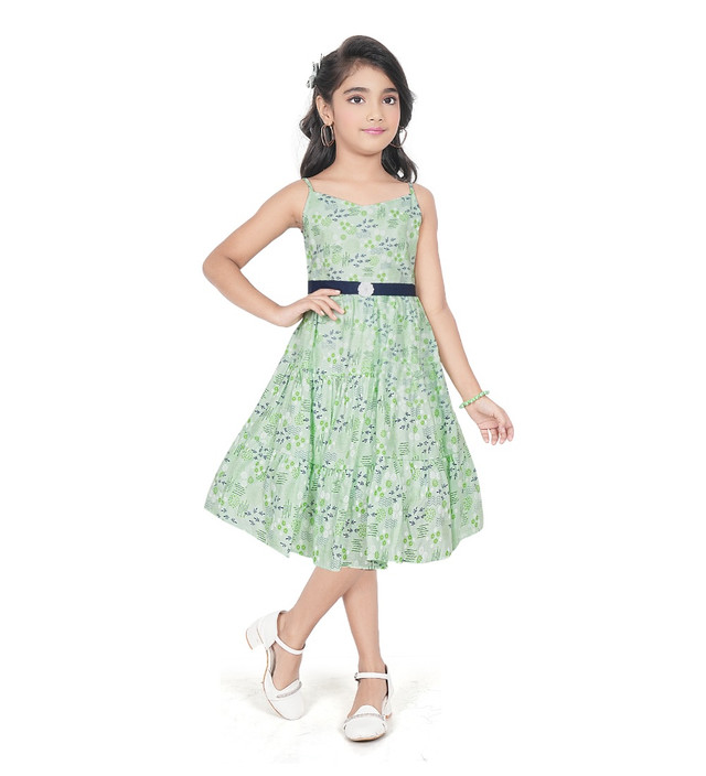Girl's Cotton Slub Printed Sleeve Less Round Neck Dress (Sea Green)