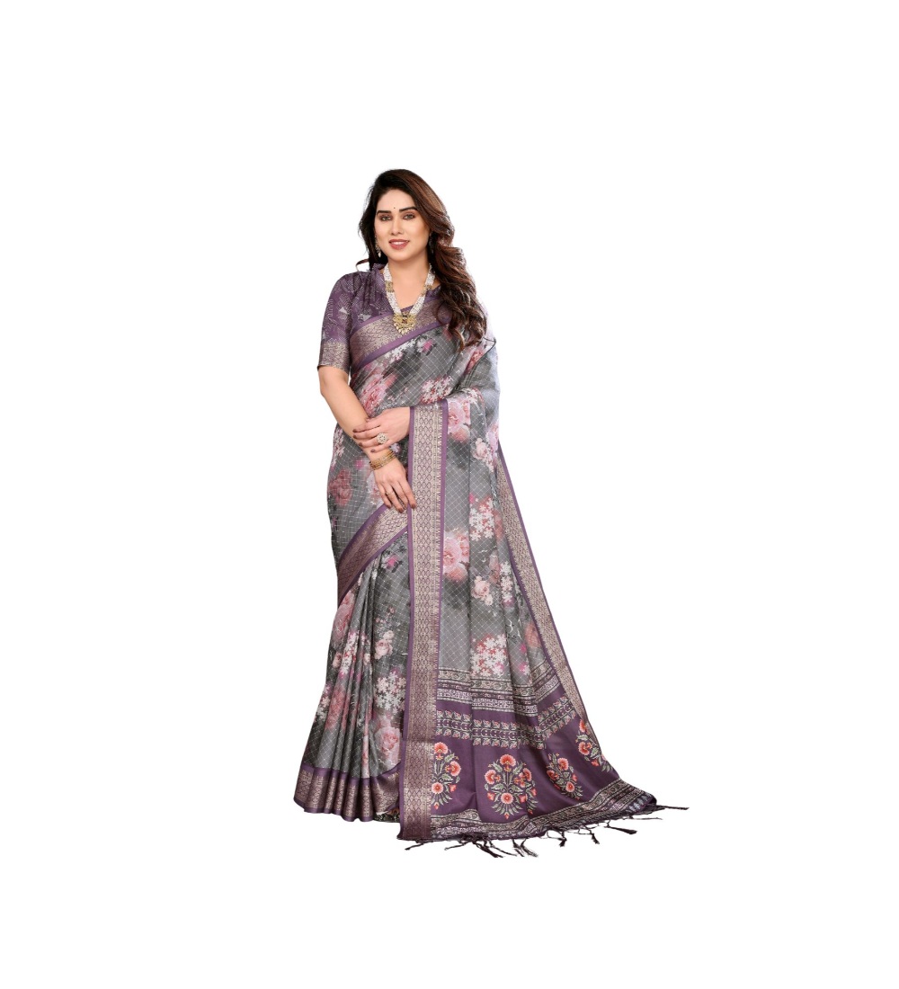 Women's Cotton Silk Printed Saree With Unstitched Blouse 5.5Mtr (Wine )