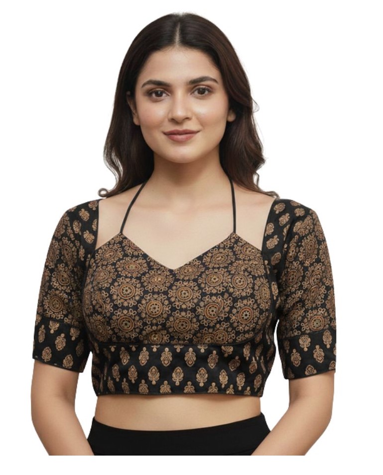 Women's Ajrakh Cotton Printed Sweetheart Padded Blouse (Black 38 Ready (Self Alterable 36â€“40)