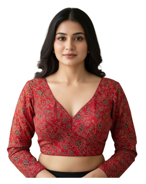 Women's Ajrakh Cotton Printed V-Neck Padded Blouse (Red 38 Ready (Self Alterable 36â€“40)