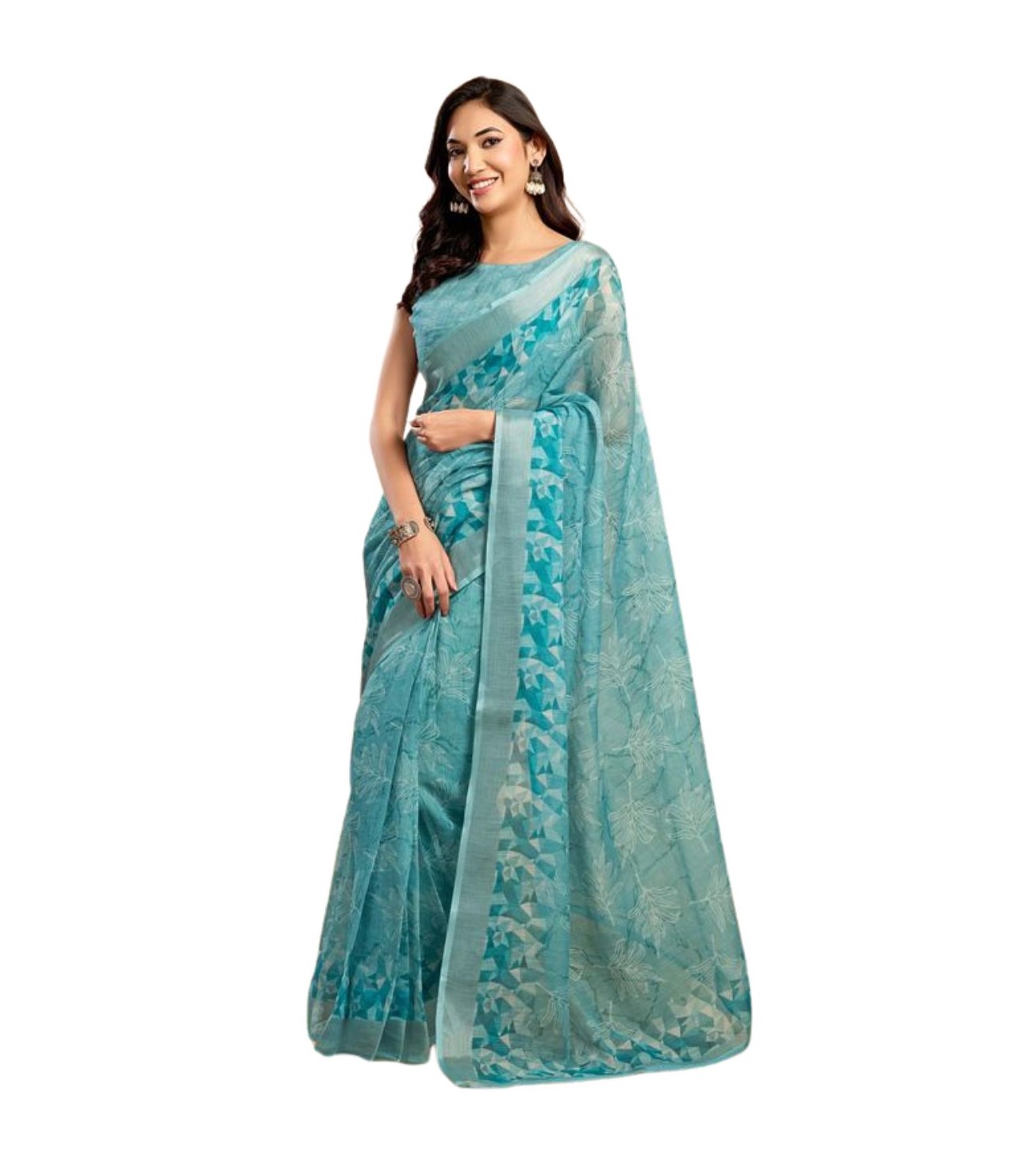 Women's Faux_Linen Printed Ready-to-Wear Saree With Unstitched Blouse 5.5 Mtr (Aqua_Blue)