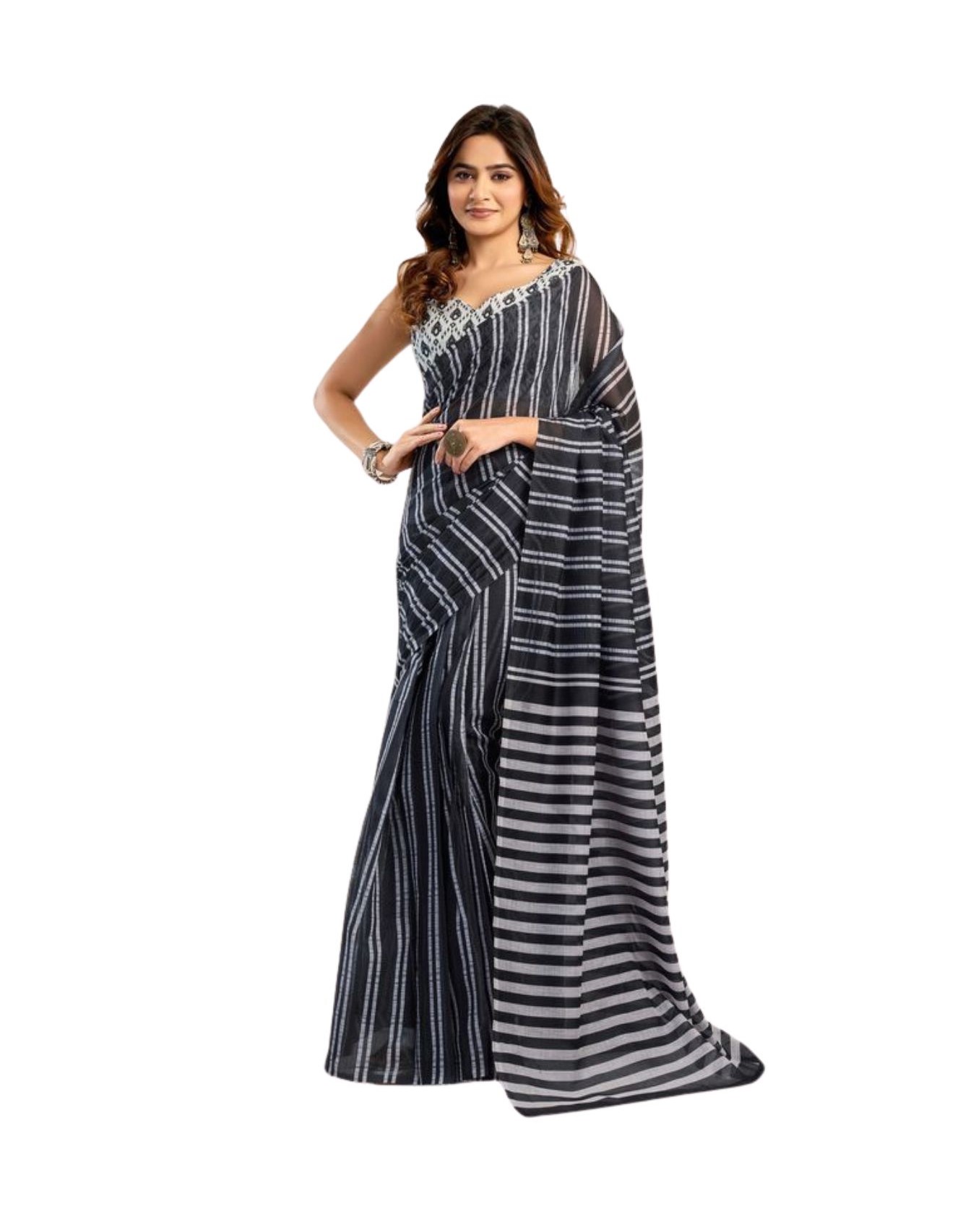 Women's Faux_Linen Printed Ready-to-Wear Saree With Unstitched Blouse 5.5 Mtr (Black)
