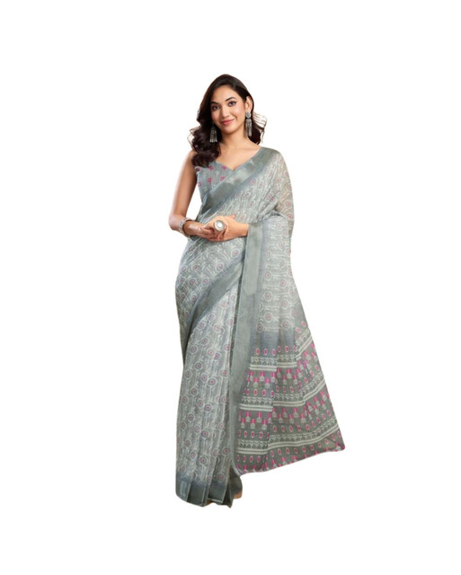 Women's Faux_Linen Printed Ready-to-Wear Saree With Unstitched Blouse 5.5 Mtr (Grey)