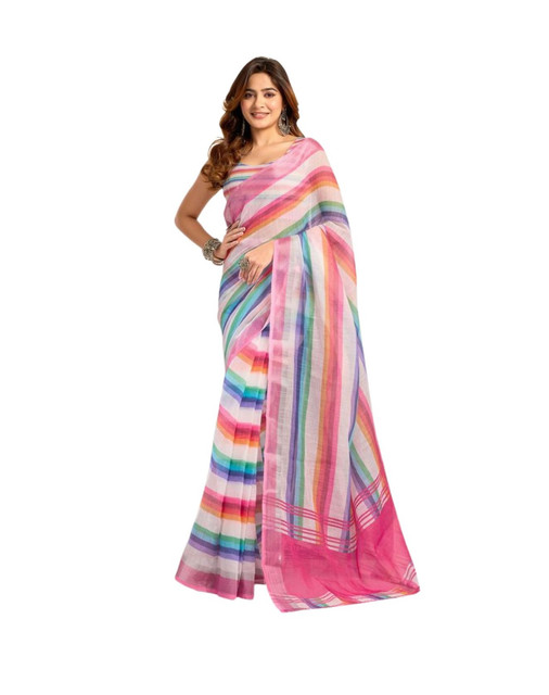 Women's Faux_Linen Printed Ready-to-Wear Saree With Unstitched Blouse 5.5 Mtr (Multicolor)