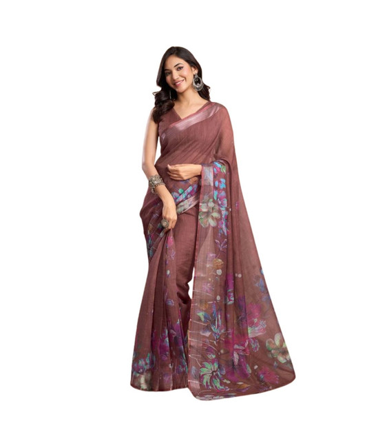 Women's Faux_Linen Printed Ready-to-Wear Saree With Unstitched Blouse 5.5 Mtr (Brown)