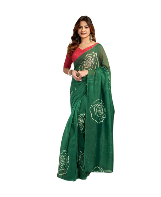 Women's Faux_Linen Printed Ready-to-Wear Saree With Unstitched Blouse 5.5 Mtr (Dark_Green)