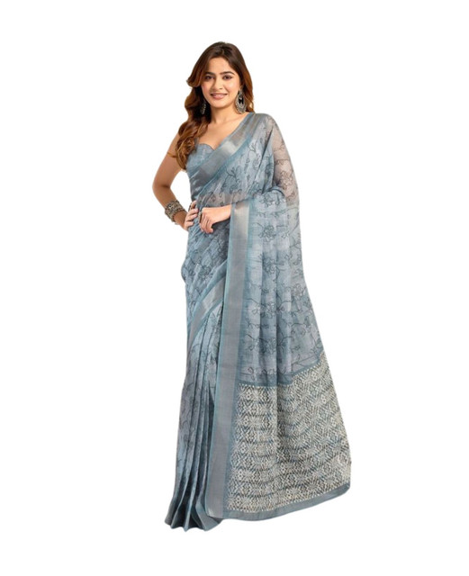Women's Faux_Linen Printed Ready-to-Wear Saree With Unstitched Blouse 5.5 Mtr (Light_Blue)