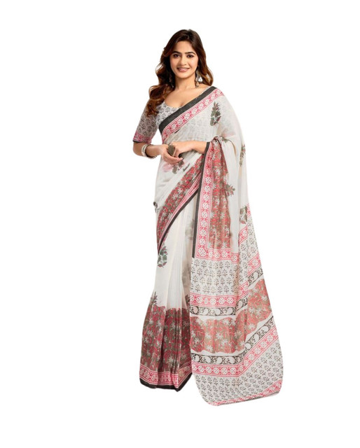 Women's Faux_Linen Printed Ready-to-Wear Saree With Unstitched Blouse 5.5 Mtr (White)