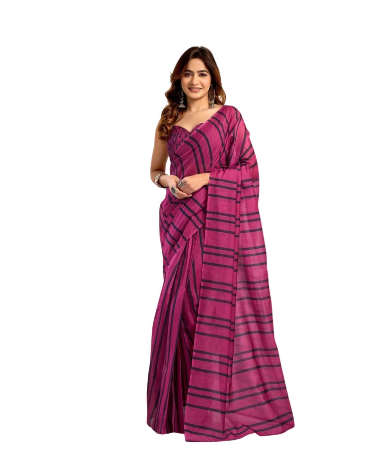 Women's Faux_Linen Printed Ready-to-Wear Saree With Unstitched Blouse 5.5 Mtr (Magenta)