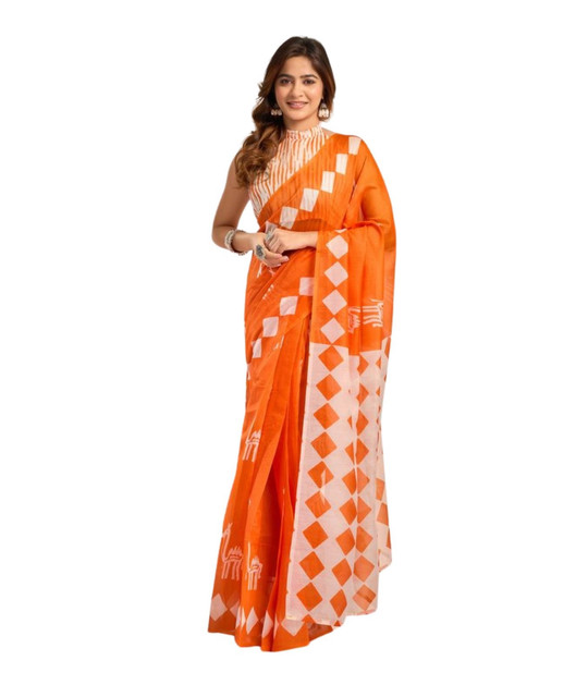 Women's Faux_Linen Printed Ready-to-Wear Saree With Unstitched Blouse 5.5 Mtr (Orange)
