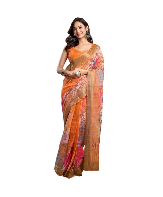 Women's Faux_Linen Printed Ready-to-Wear Saree With Unstitched Blouse 5.5 Mtr (Orange)