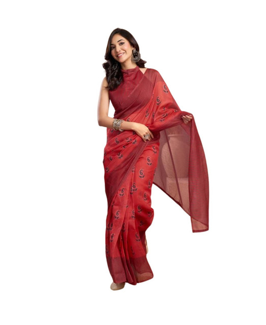 Women's Faux_Linen Printed Ready-to-Wear Saree With Unstitched Blouse 5.5 Mtr (Red)