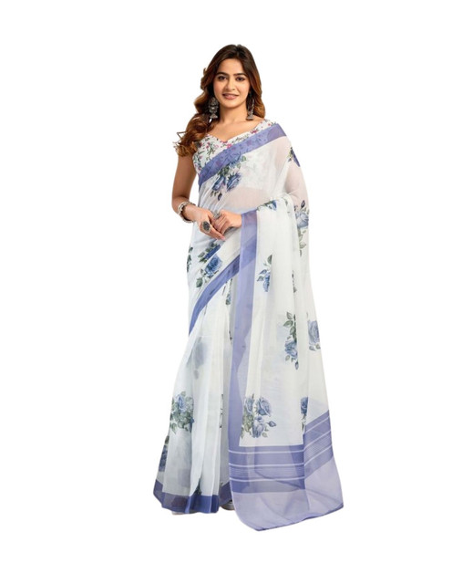 Women's Faux_Linen Printed Ready-to-Wear Saree With Unstitched Blouse 5.5 Mtr (White)