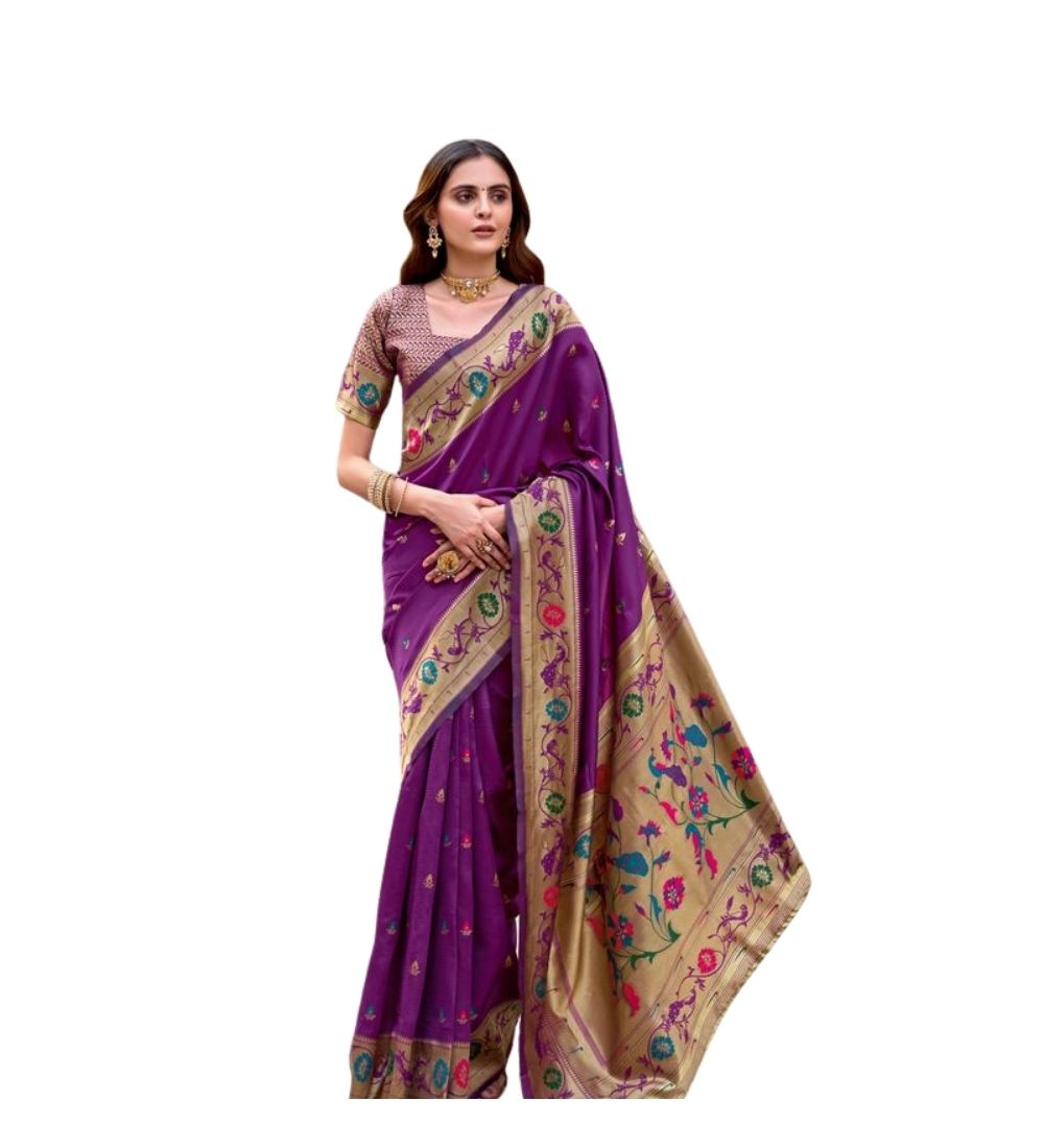 Women's Silk Blend Woven Saree With Unstitched Blouse 5.5 Mtr (Purple)