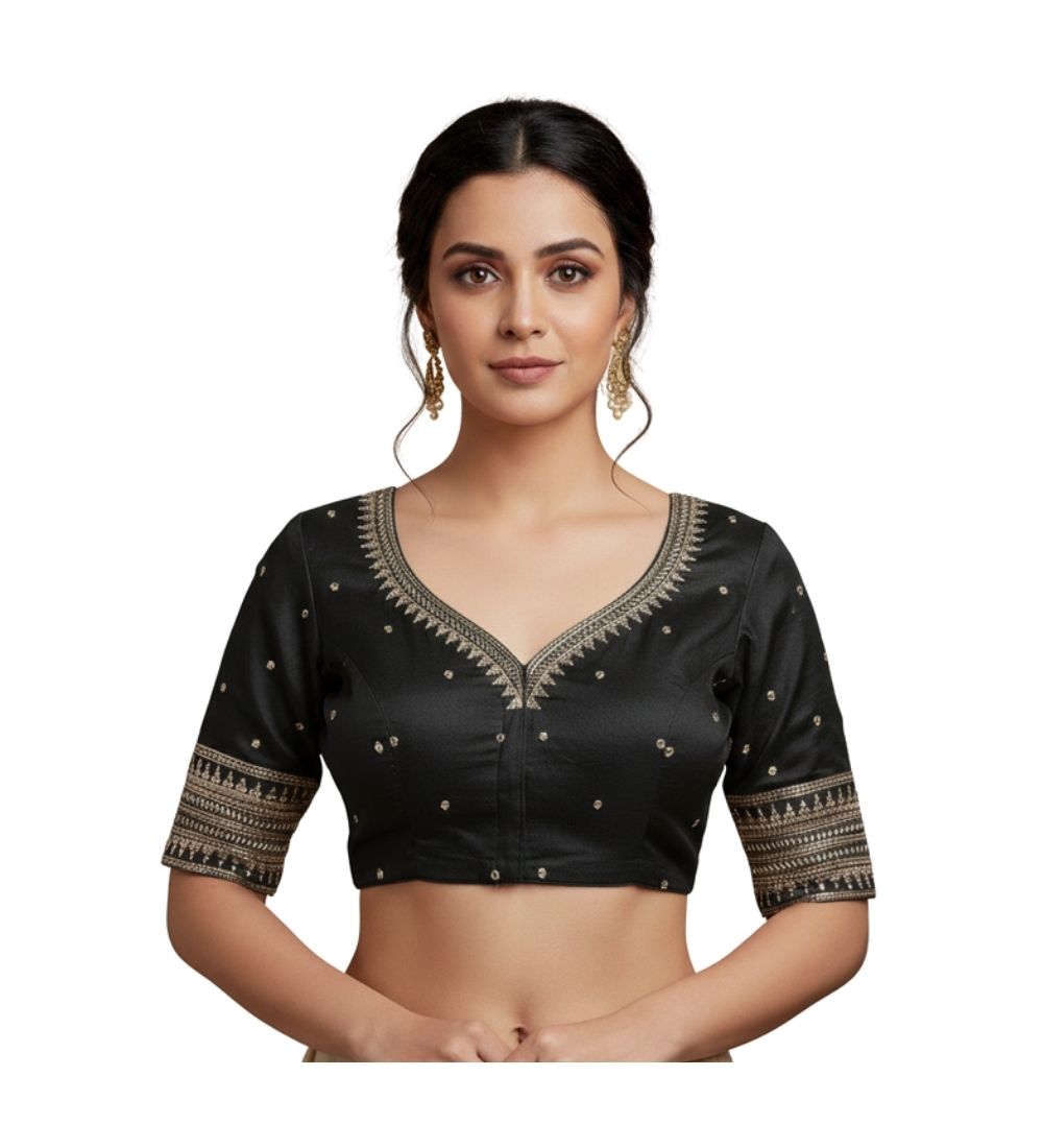 Women's Vichitra Silk V Neck Padded Blouse (Black, 38 Ready Size (Self-Alterable 36â€“40)