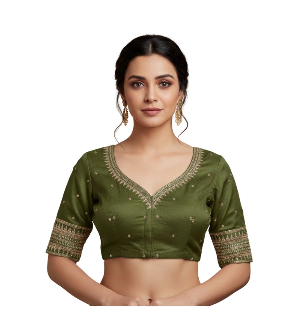 Women's Vichitra Silk V Neck Padded Blouse (Green, 38 Ready Size (Self-Alterable 36â€“40)
