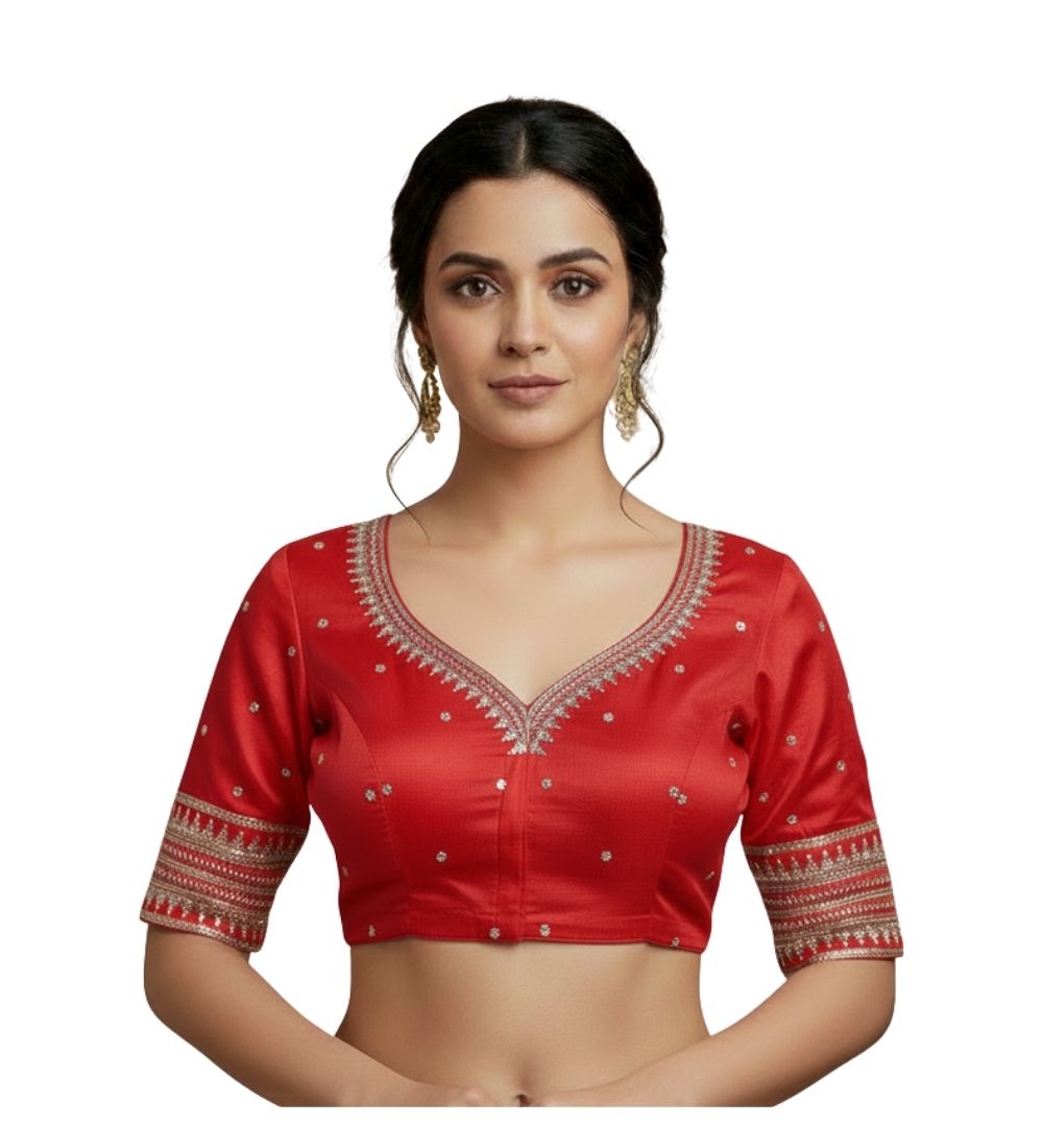 Women's Vichitra Silk V Neck Padded Blouse (Red, 38 Ready Size (Self-Alterable 36â€“40)