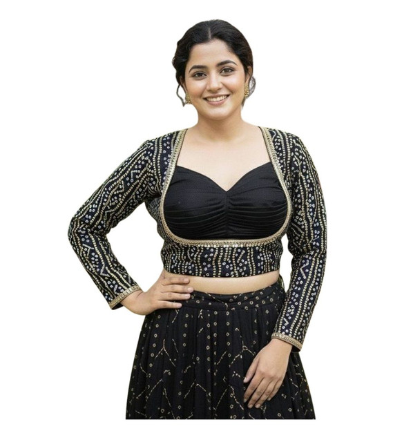 Women's Rayon Sabyasachi Style Round Neck Padded Blouse (Black, 38 Ready Size (Self-Alterable 36â€“40)