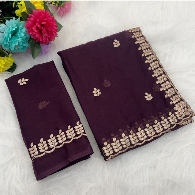 Women's Georgette Embroidered Saree With Unstitched Blouse 5.5Mtr (Wine)