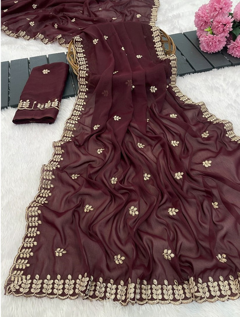 Women's Georgette Embroidered Saree With Unstitched Blouse 5.5Mtr (Maroon)