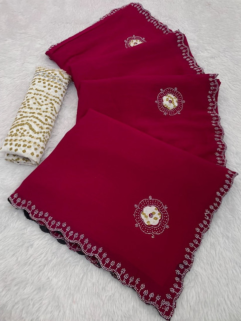 Women's Chiffon Butti Dotted Saree With Unstitched Blouse 5.5Mtr (Pink)