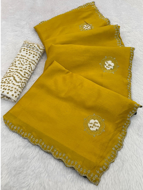 Women's Chiffon Butti Dotted Saree With Unstitched Blouse 5.5Mtr (Yellow)