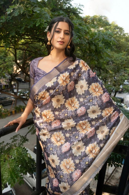 Women's Polyester Printed Saree With Unstitched Blouse 5.5 Mtr (Purple)