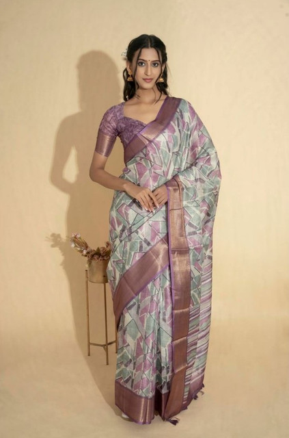 Women's Polyester Printed Saree With Unstitched Blouse 5.5 Mtr (Light Purple)
