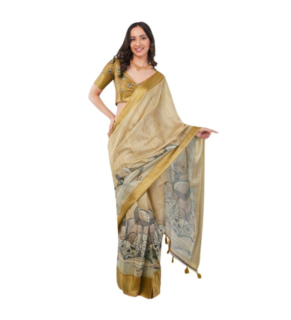 Women's Polyester Printed Ready To Wear Saree With Unstitched Blouse 5.5 Mtr (Gold)