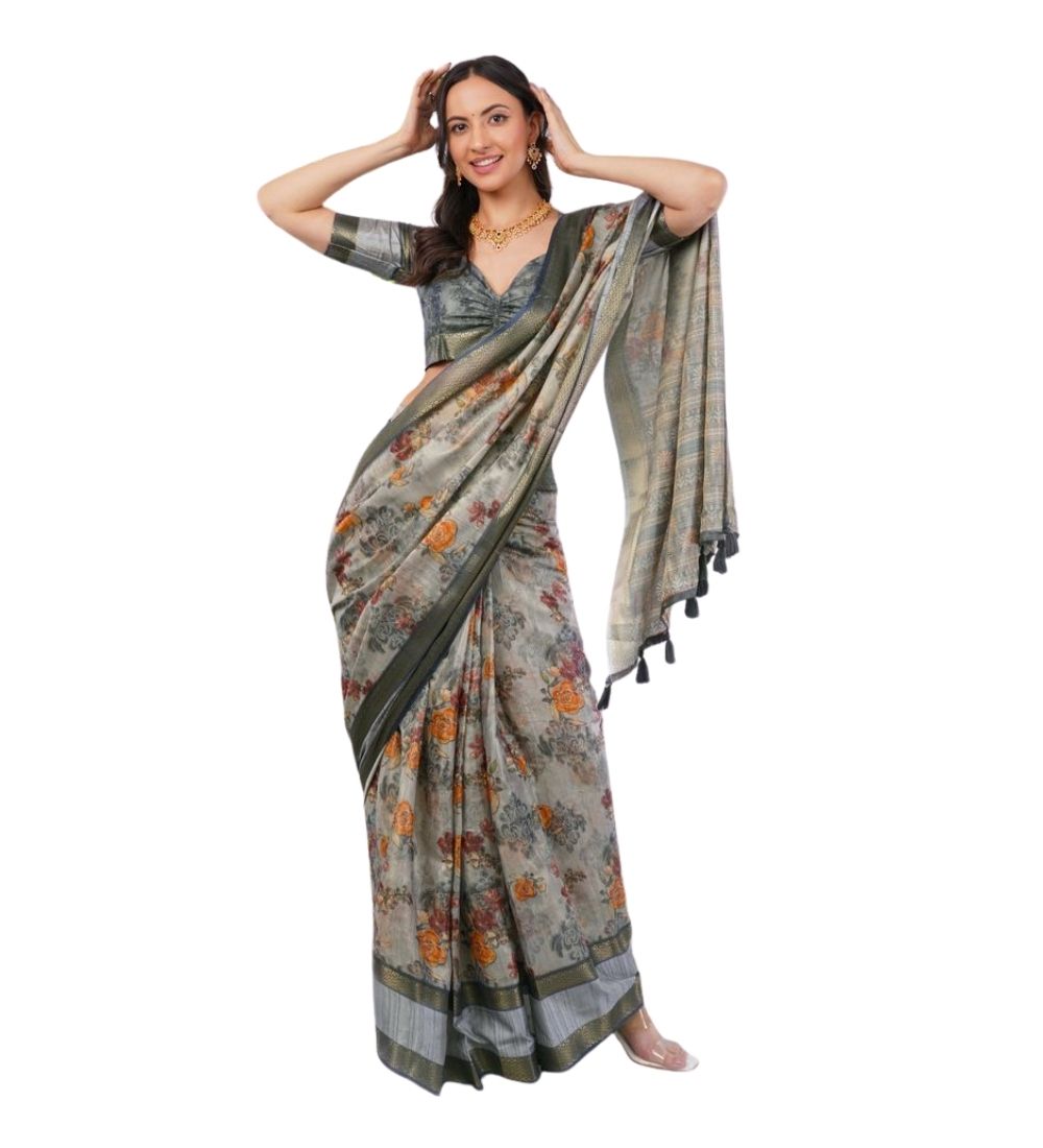 Women's Polyester Printed Ready To Wear Saree With Unstitched Blouse 5.5 Mtr (Light Grey)