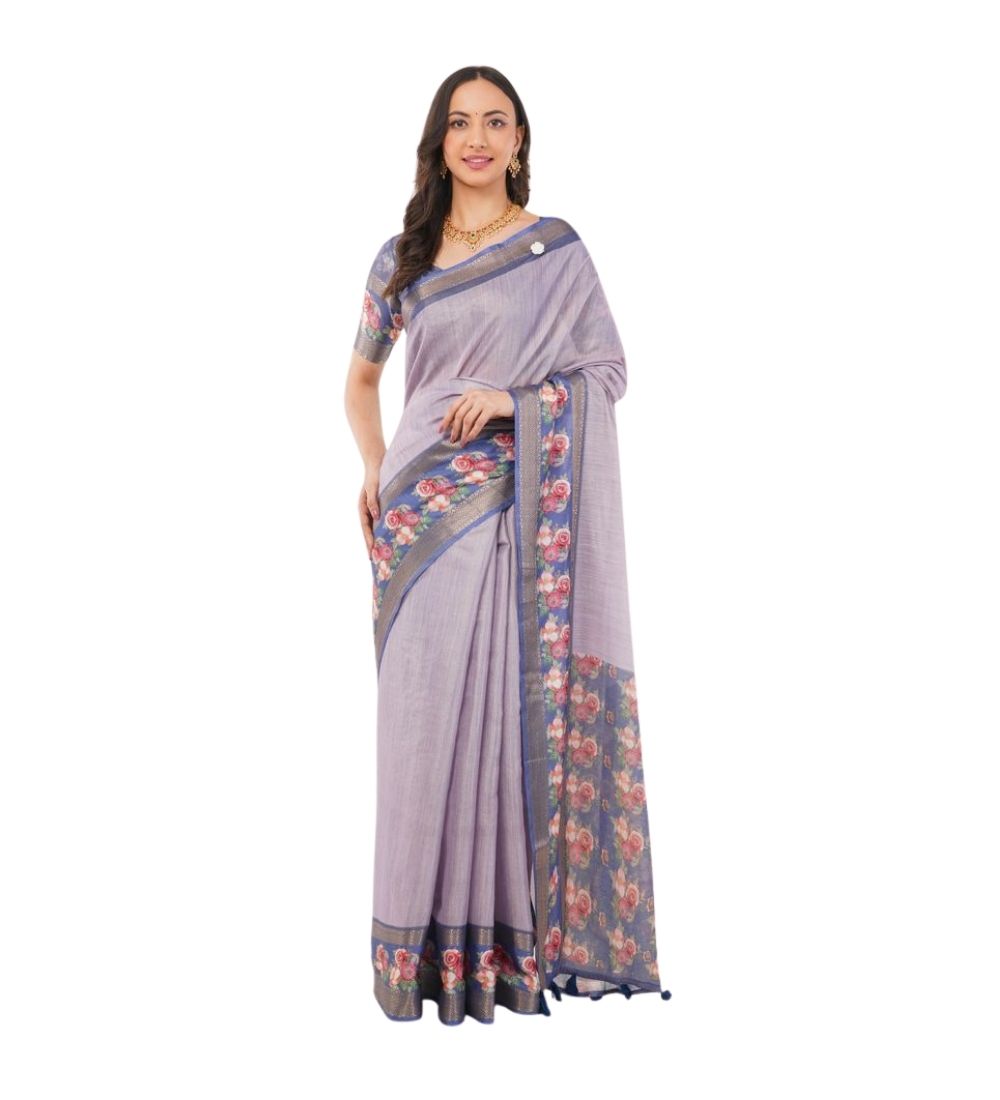 Women's Polyester Printed Saree With Unstitched Blouse 5.5 Mtr (Purple)