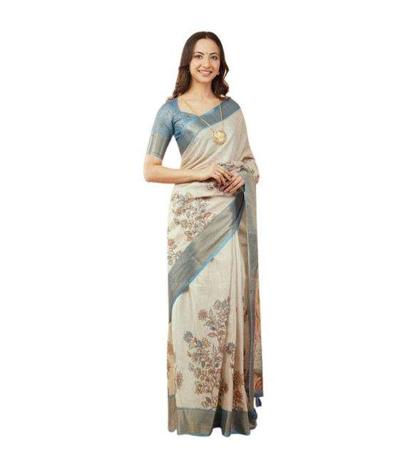 Women's Polyester Printed Saree With Unstitched Blouse 5.5 Mtr (Cream)