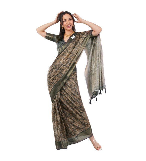 Women's Polyester Printed Ready To Wear Saree With Unstitched Blouse 5.5 Mtr (Grey)