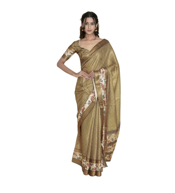Women's Polyester Printed Saree With Unstitched Blouse 5.5 Mtr (Gold)