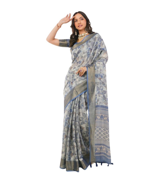 Women's Polyester Printed Saree With Unstitched Blouse 5.5 Mtr (Grey)