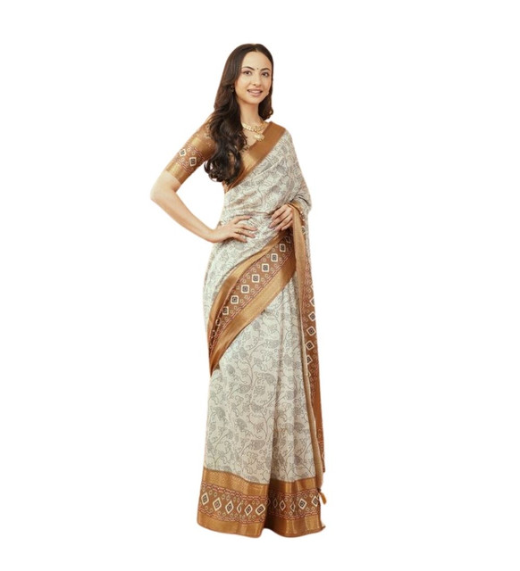 Women's Polyester Printed Saree With Unstitched Blouse 5.5 Mtr (Off-White)