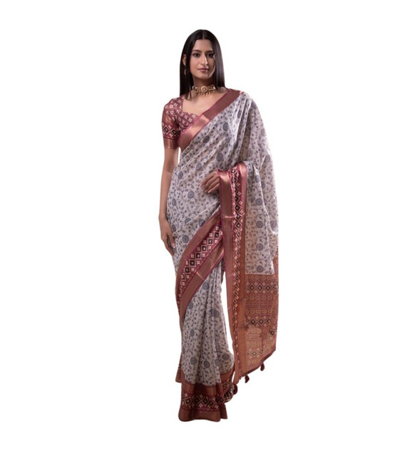 Women's Polyester Printed Saree With Unstitched Blouse 5.5 Mtr (Off-White)