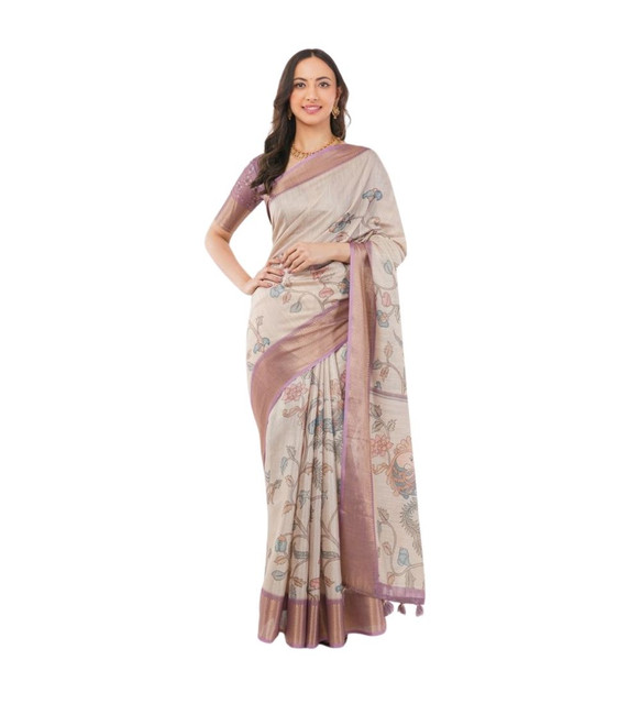 Women's Polyester Printed Saree With Unstitched Blouse 5.5 Mtr (Cream)