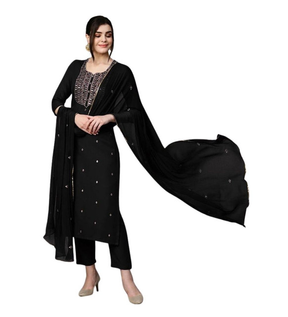 Women's Tesla Silk Embroidered U-Neck Kurti With Pant Dupatta Set (Black)