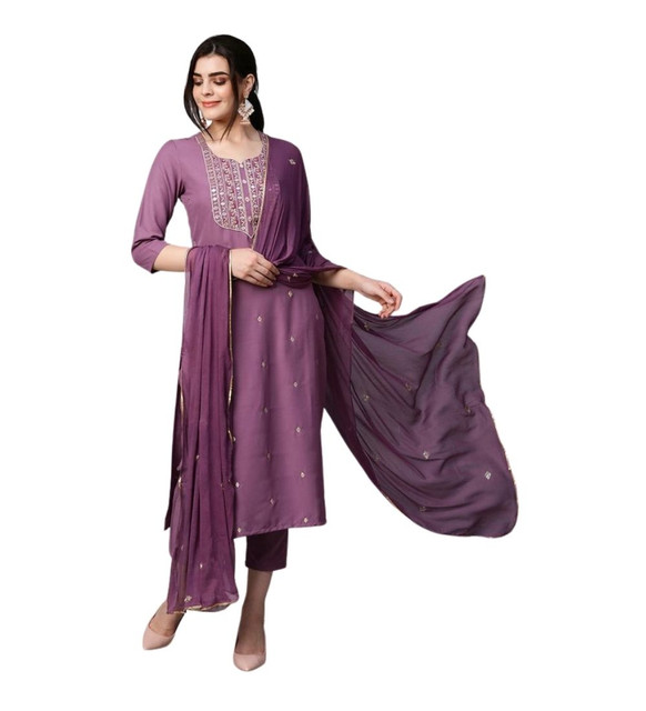 Women's Tesla Silk Embroidered U-Neck Kurti With Pant Dupatta Set (Light Purple)