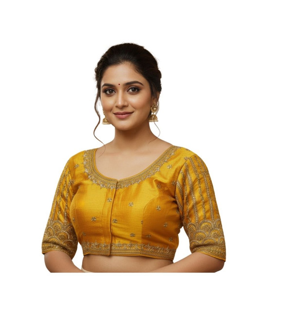 Women's Phantom Silk Embroidered Designer Neck Padded Blouse (Mustard 38 Ready (Alterable up to 42)