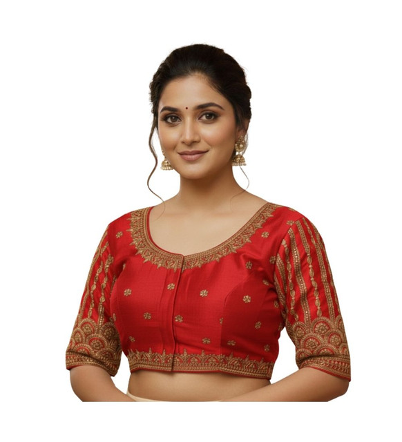 Women's Phantom Silk Embroidered Designer Neck Padded Blouse (Red 38 Ready (Alterable up to 42)