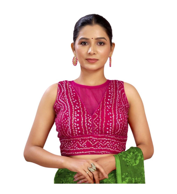 Women's Rayon Cotton Bandhani Printed Halter Neck Non Padded Blouse (Pink 38 Ready (Alterable up to 42)